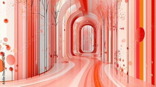 Vibrant abstract corridor with red hues and flowing lines creating a dynamic atmosphere.