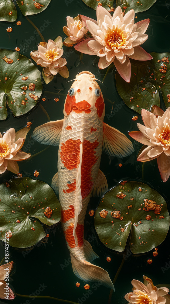 Fototapeta premium A vibrant koi fish swims gracefully through a serene pond, surrounded by delicate water lilies.