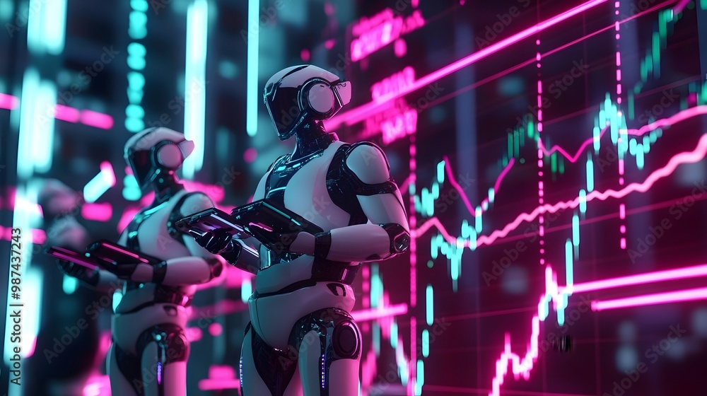 Robotic surrounded by a futuristic neon lit data visualization ...