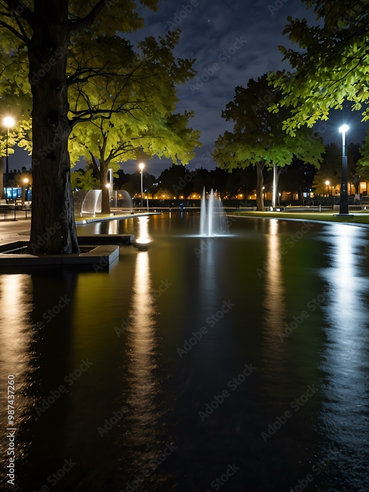Urban park with a water feature illuminated at night. Urban park with a water feature illuminated at night.