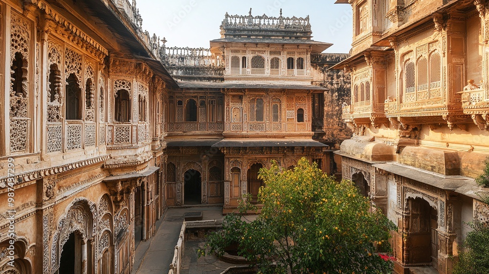 Obraz premium indian haveli with beautifully carved wooden facades and a grand courtyard, reflecting the elegance and intricate craftsmanship of india’s rich architectural heritage