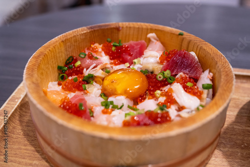 Tokyo, Japan - APR 14, 2024:Tsukiji Japanese knotweed seafood Donburi (Japanese Sashimi Bowl 