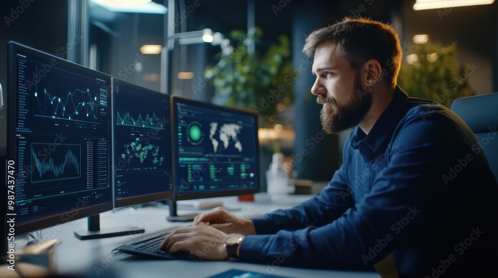 Technician Monitoring Data in Modern Office Space Technician Monitoring Data in Modern Office Space