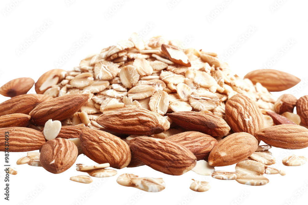 Obraz premium Oatmeal topped with sliced almonds on a white background