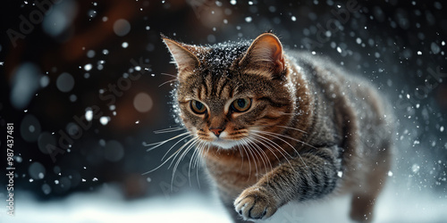 a running cat floating, many snowflakes