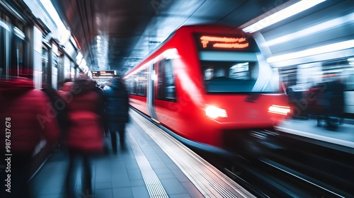 Red train arriving at a blurred subway station photo