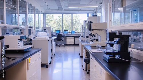 A bright laboratory space featuring modern equipment, countertops, and windows that allow natural light, creating an inviting research environment.