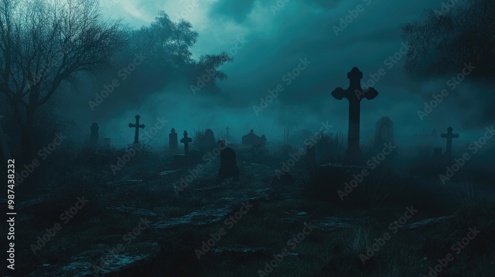 Haunted graveyard with ghostly apparitions and fog rolling in, setting the mood for Halloween spookiness. Haunted graveyard with ghostly apparitions and fog rolling in, setting the mood for Halloween spookiness.