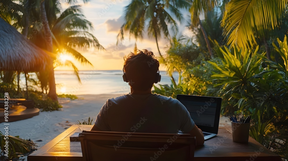 Remote work by the beach at sunset. Remote work by the beach at sunset.
