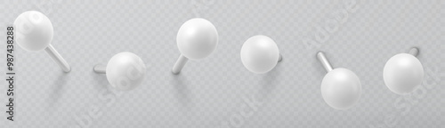 Set of push pins. Thumbtacks ready for your design. Different angle view. Vector illustration isolated on white background