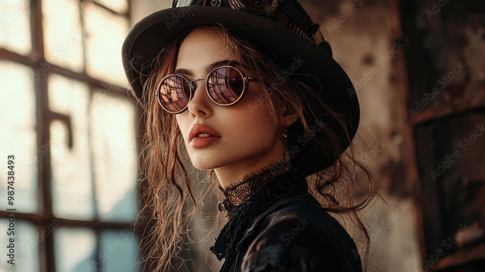 A woman in a black hat and sunglasses is standing in front of a window. She has a red lip and is wearing a black dress. The image has a vintage and mysterious vibe, with the woman's outfit A woman in a black hat and sunglasses is standing in front of a window. She has a red lip and is wearing a black dress. The image has a vintage and mysterious vibe, with the woman's outfit