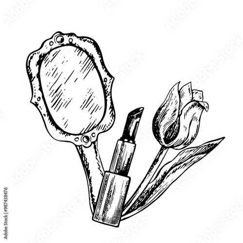 Cosmetics, lipstick, mirror, tulip flower. Black and white vector graphics made by hand. Illustration on a white background. For packages and labels, flyers, posters and banners.