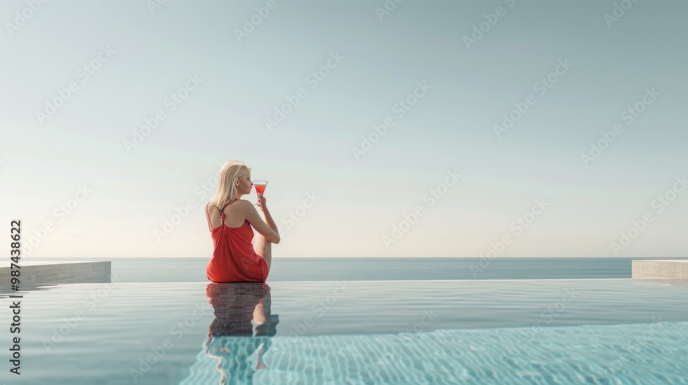 Serene Woman Enjoying a Cocktail by an Infinity Pool Serene Woman Enjoying a Cocktail by an Infinity Pool