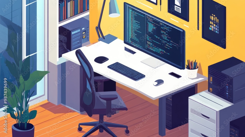 Illustration of a home office setup with a worker using encrypted tools and a VPN for secure remote work. Illustration of a home office setup with a worker using encrypted tools and a VPN for secure remote work.