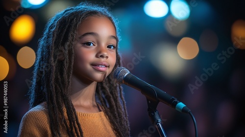 confident kid girl at the microphone on stage during a national spelling bee competition, spelling challenging words with precision in front of the audience