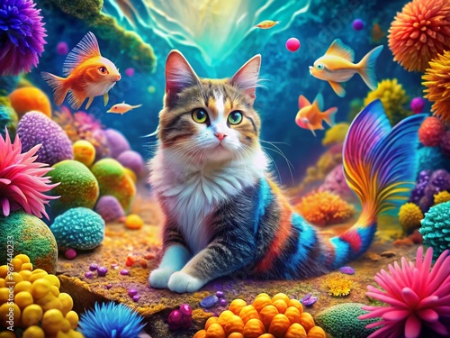 Adorable Cat with Mermaid Tail Relaxing Underwater Surrounded by Colorful Coral and Fish photo