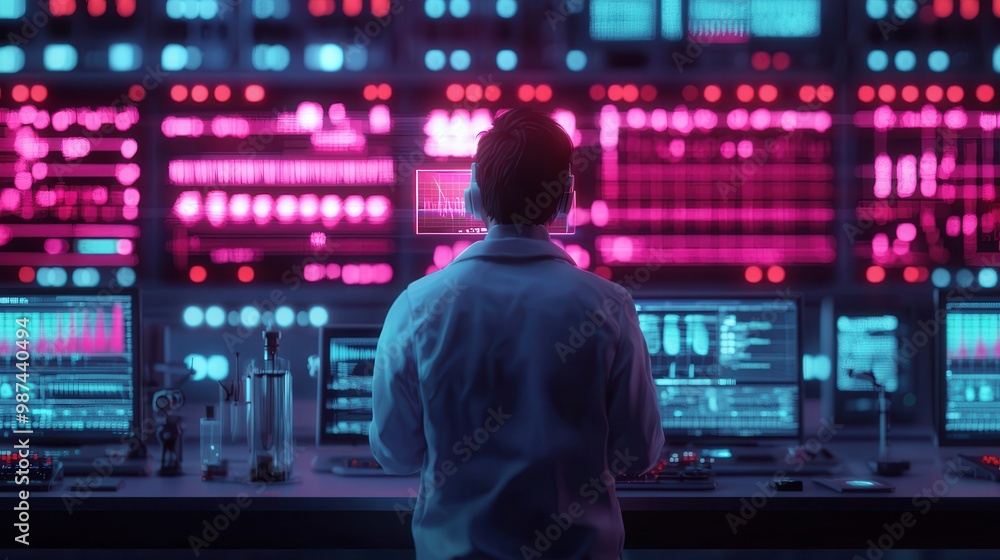 A person observes vibrant, illuminated screens displaying data and graphics in a high-tech environment, indicating a futuristic technological setting. A person observes vibrant, illuminated screens displaying data and graphics in a high-tech environment, indicating a futuristic technological setting.