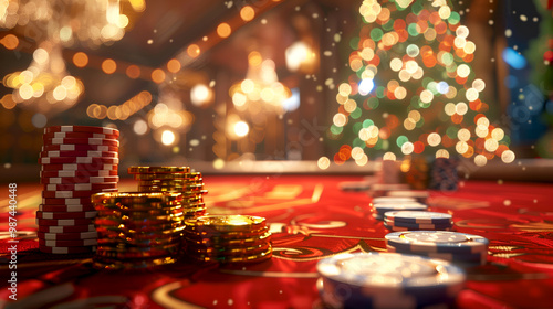 Golden casino chips stacked on a festive table with warm holiday bokeh lights in the background, perfect for Christmas or winter-themed casino promotions