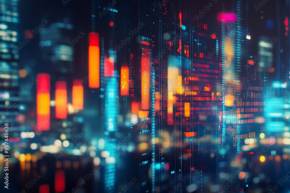 Obraz premium Abstract falling candlestick forex graph and dollar on blurry city wallpaper. Crisis and finance concept. generative ai