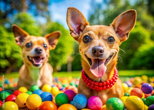 Adorable Chiweenie Dogs Playing in the Park with Colorful Toys and Happy Expressions Outdoors photo