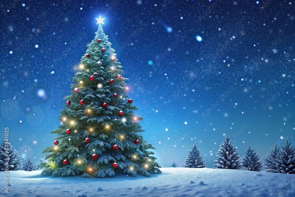 Christmas tree under a starry sky, glowing lights in winter night Christmas tree under a starry sky, glowing lights in winter night