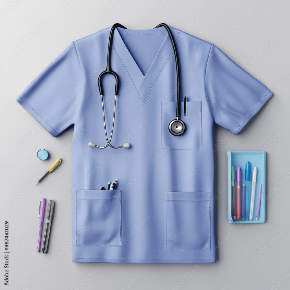 the front of a doctors outfit that is gender neutral that shows the stethoscope, pocket, and pens and paper in pocket the front of a doctors outfit that is gender neutral that shows the stethoscope, pocket, and pens and paper in pocket