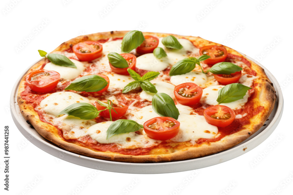 Margherita pizza, thin crispy crust, fresh tomatoes and basil, isolated on white background Margherita pizza, thin crispy crust, fresh tomatoes and basil, isolated on white background