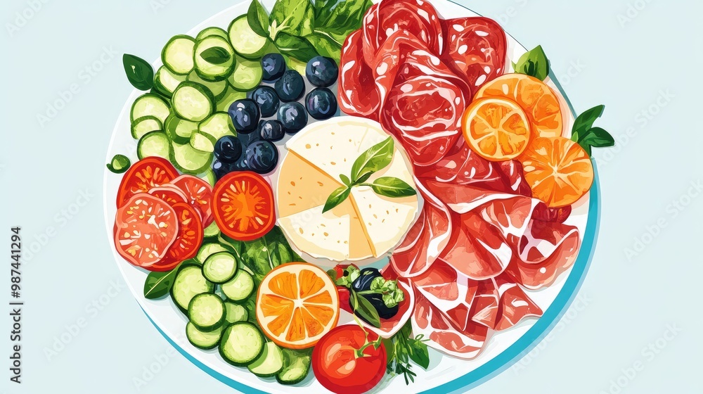 Naklejka premium Italian antipasto platter with prosciutto, cheese, and vegetables, shown in flat design with vibrant triadic colors.