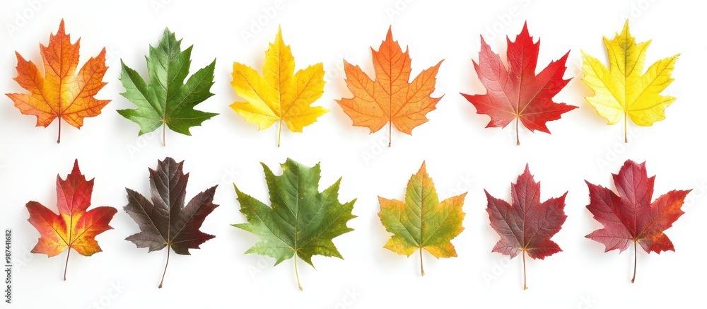 Colorful Collection of Maple Leaves in Various Autumn Shades Arranged in a Row on a White Background Colorful Collection of Maple Leaves in Various Autumn Shades Arranged in a Row on a White Background