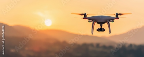 A drone flies against a stunning sunset backdrop, showcasing landscapes and technology harmoniously, Transport and logistic concept. photo