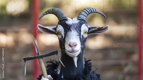 Sinister and mischievous goat dressed in a devil costume with tiny horns and a pitchfork set against a dark and foreboding farm backdrop evoking a sense of the supernatural and the occult photo