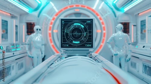 Wallpaper Mural A futuristic medical scene featuring humanoid figures and a high-tech monitor, set in a sci-fi environment with bright blue and white lighting. Torontodigital.ca