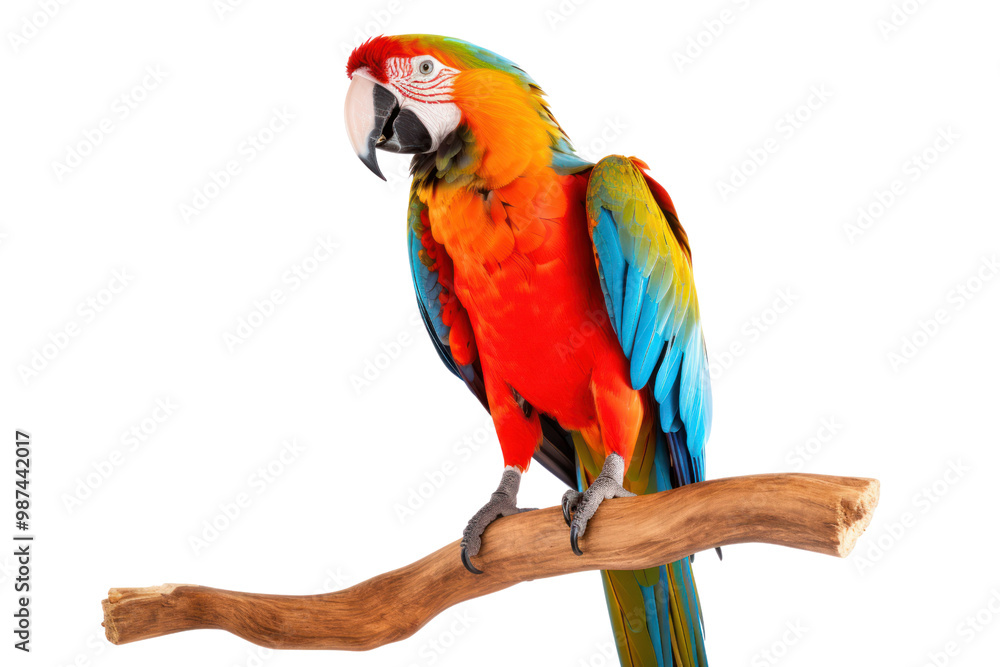 Fototapeta premium Macaw parrot perched on a wooden perch on a white background. Showing brightly colored feathers