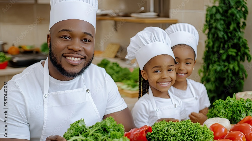 A Black family enjoys preparing a colorful salad together at home, with children in aprons laughing as they chop fresh vegetables, promoting healthy eating and togetherness