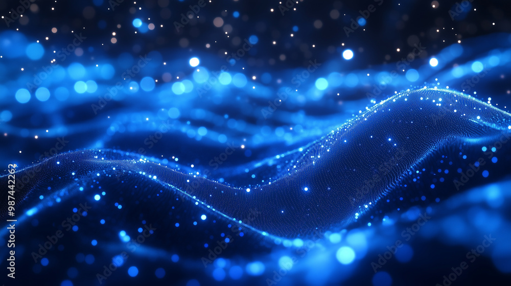A mesmerizing abstract representation of flowing blue waves illuminated by shimmering particles, creating sense of depth and tranquility. A mesmerizing abstract representation of flowing blue waves illuminated by shimmering particles, creating sense of depth and tranquility.