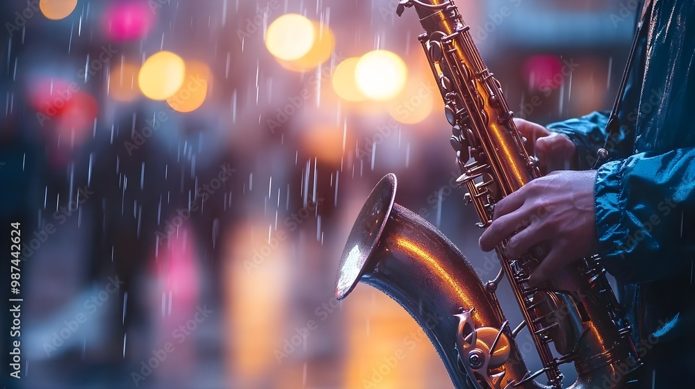 Saxophonist performs in the rain