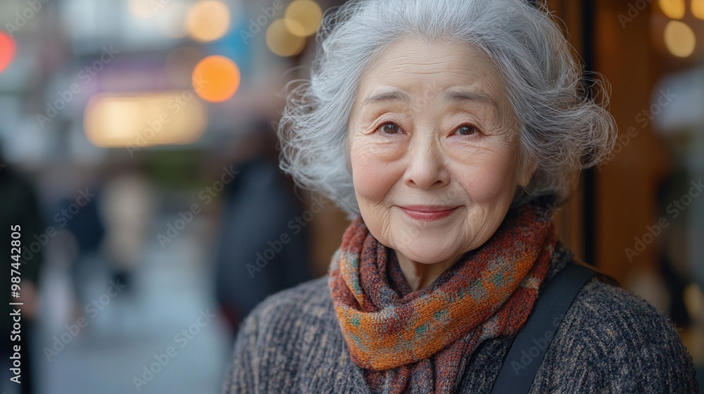heartwarming portrait of a cheerful elderly Asian woman standing outdoors in the street, radiating joy and contentment in a natural setting heartwarming portrait of a cheerful elderly Asian woman standing outdoors in the street, radiating joy and contentment in a natural setting