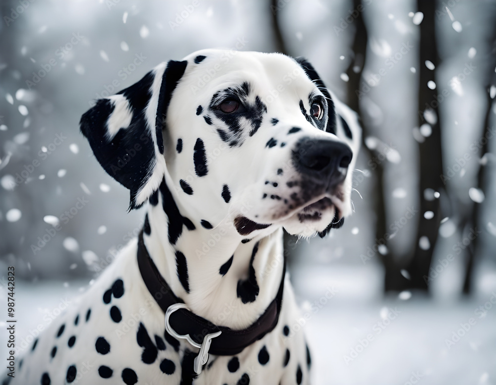Dalmatian dog on a walk in a snowy park. Pets, winter day Dalmatian dog on a walk in a snowy park. Pets, winter day