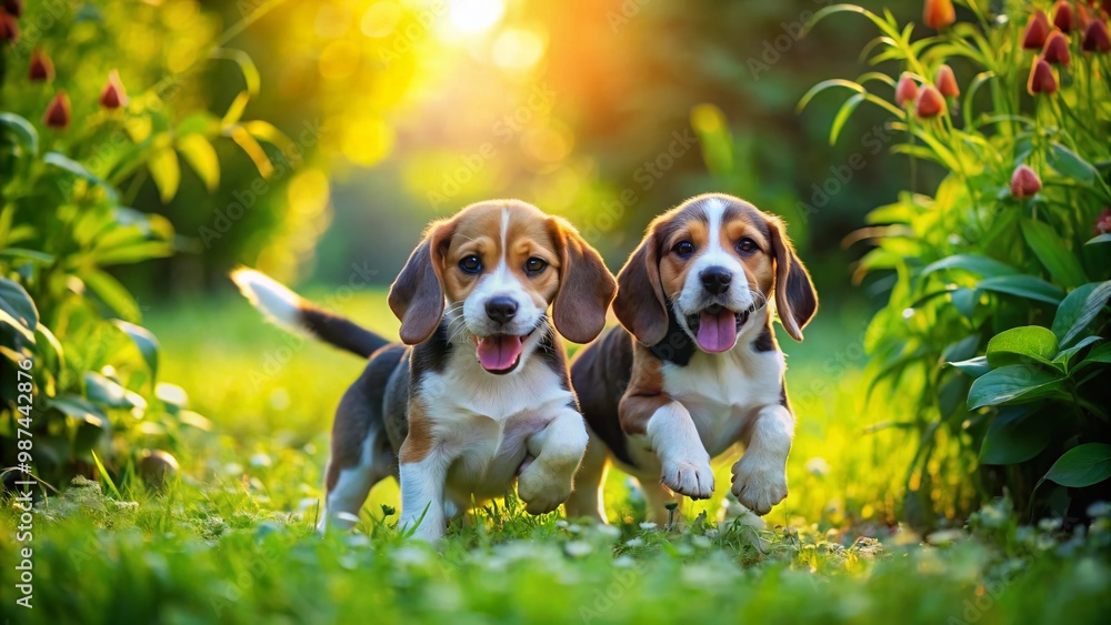 Adorable Cute Beagle Puppies Playing Together in a Lush Green Garden Full of Joy and Energy Adorable Cute Beagle Puppies Playing Together in a Lush Green Garden Full of Joy and Energy