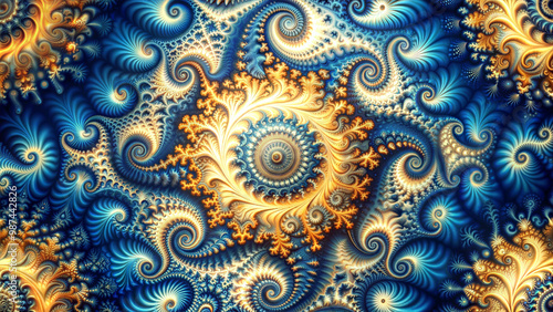 Intricate Fractal Pattern in Blue and Gold with Hypnotic Spiral Design, High Resolution