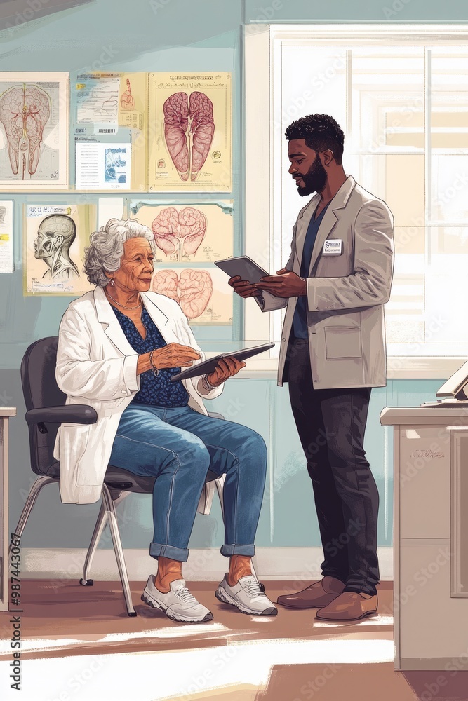 Fototapeta premium A doctor and patient engage in discussion in a medical office setting.