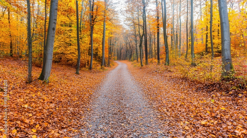 Obraz premium A tranquil path through an autumn forest, surrounded by vibrant orange and yellow foliage, creating a picturesque fall scene.