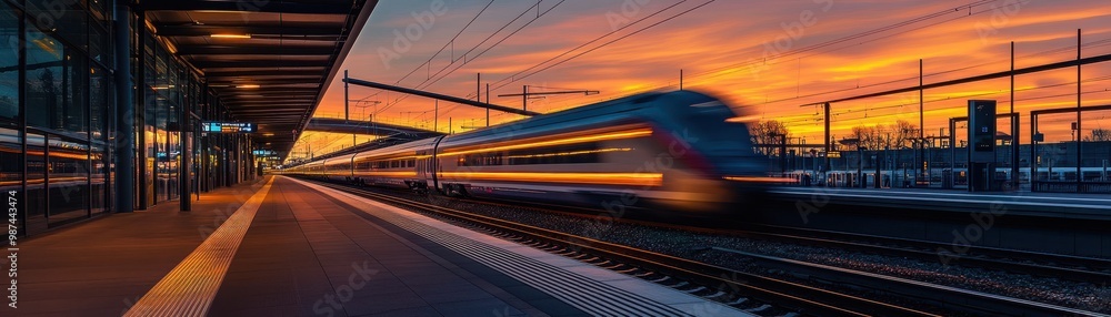 High-Speed Train Passing Through Modern Station at Sunset with Vibrant Sky and Motion Blur High-Speed Train Passing Through Modern Station at Sunset with Vibrant Sky and Motion Blur
