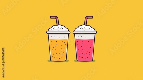 Two colorful drinks with straws and whipped cream, set against a vibrant yellow background, creating a refreshing and fun atmosphere. photo