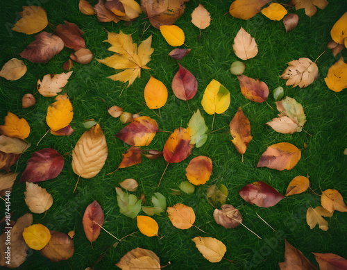 Leaves on green grass. Autumn pattern, bright colors