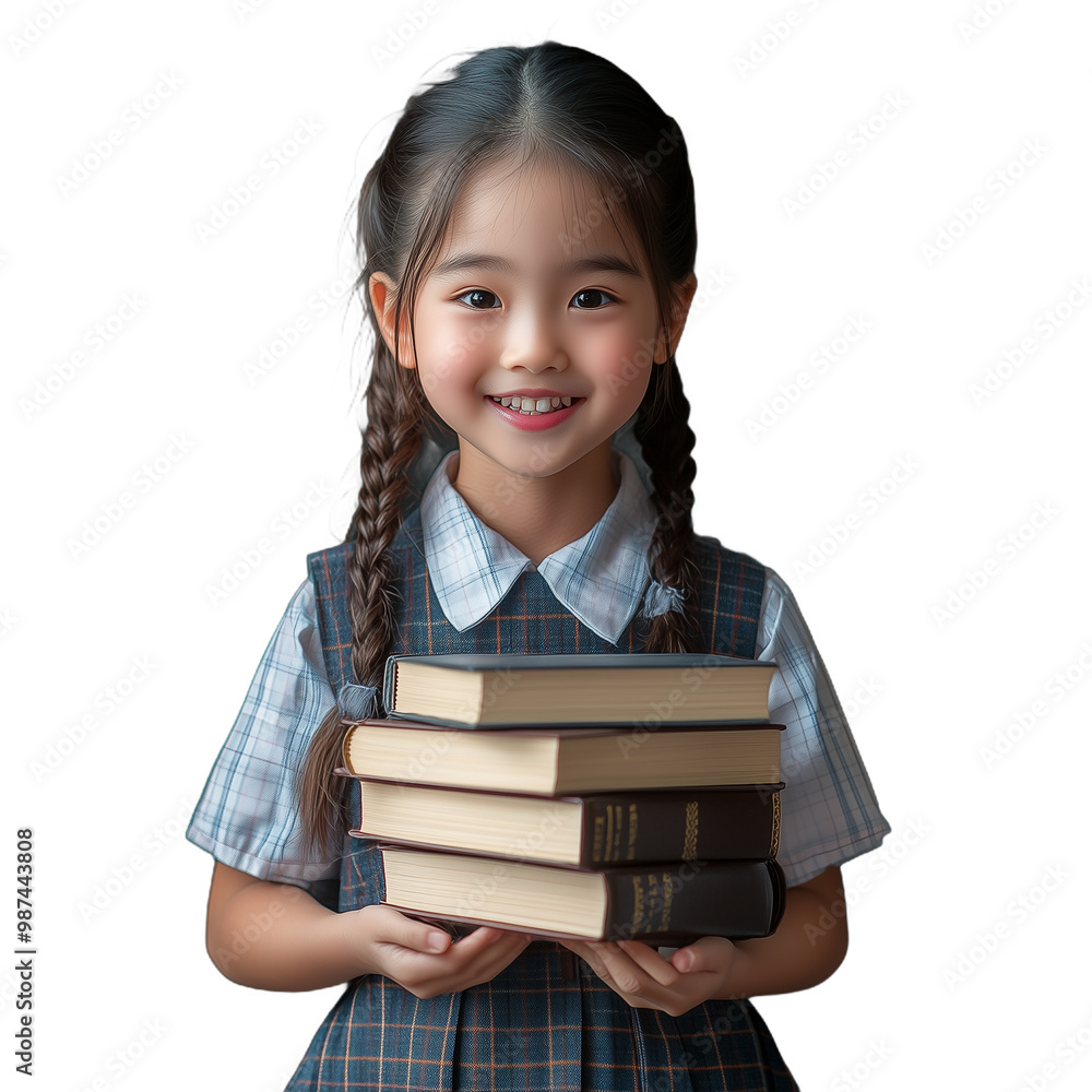 Smiling young girl in school uniform holding a stack of books, symbolizing education and learning on a transparent background Smiling young girl in school uniform holding a stack of books, symbolizing education and learning on a transparent background