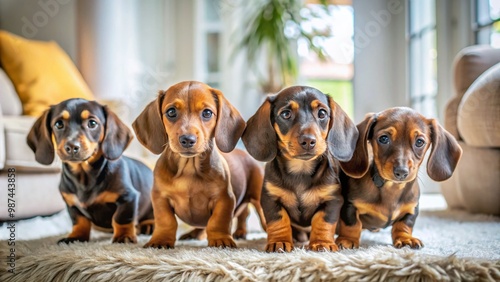 Adorable Dachshund Puppies Playing Together in a Cozy Home Environment with Soft Natural Lighting