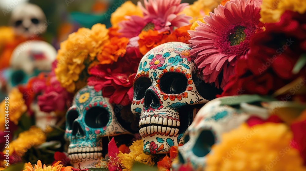 Painted skulls and colorful flowers on a Day of the Dead display, capturing the essence of this Mexican festival. Painted skulls and colorful flowers on a Day of the Dead display, capturing the essence of this Mexican festival.