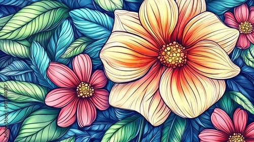 Wallpaper Mural A detailed flower illustration, with hand-drawn petals and leaves in bright, watercolor-style colors, blending art with nature Torontodigital.ca