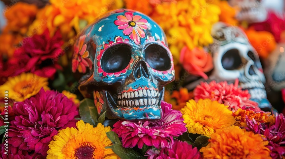 Painted skulls and colorful flowers on a Day of the Dead display, capturing the essence of this Mexican festival. Painted skulls and colorful flowers on a Day of the Dead display, capturing the essence of this Mexican festival.